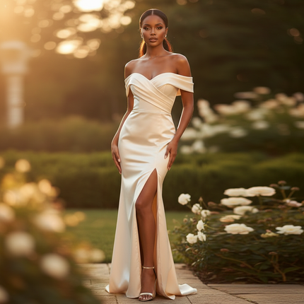 Satin Kleid Cream - Brautjungfernkleid Champagner Satin Meerjungfrau - Ansicht 1