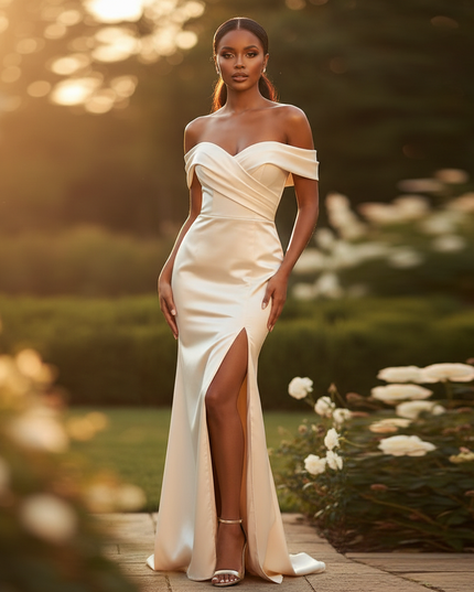 Satin Kleid Cream - Brautjungfernkleid Champagner Satin Meerjungfrau - Ansicht 1