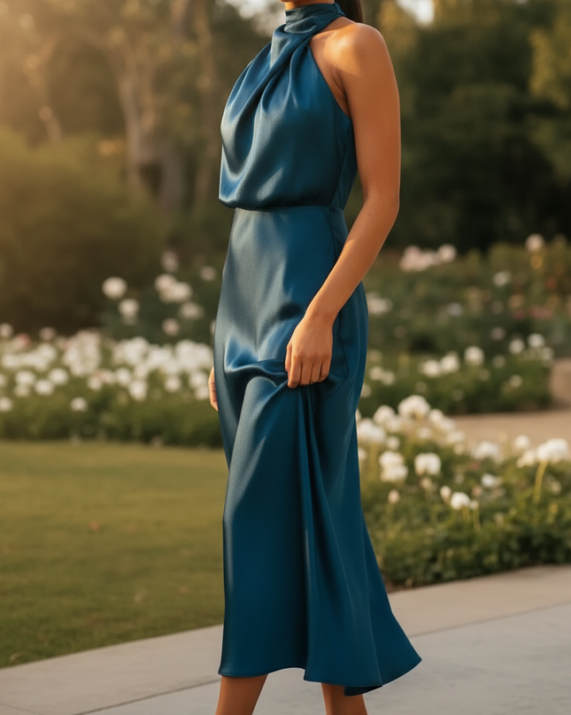 Satin Kleid Blue - Brautjungfernkleid Satin Blau Navy A-Linie Lang - Ansicht 3