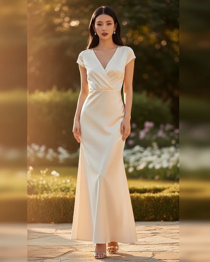 Satin Kleid Cream - Brautjungfernkleider Satin Braun Meerjungfrau V-Neck - Ansicht 1