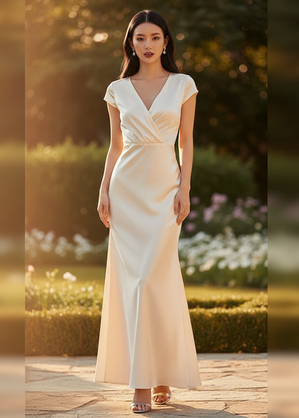 Satin Kleid Cream - Brautjungfernkleider Satin Braun Meerjungfrau V-Neck - Ansicht 1