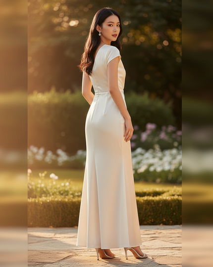 Satin Kleid Cream - Brautjungfernkleider Satin Braun Meerjungfrau V-Neck - Ansicht 2