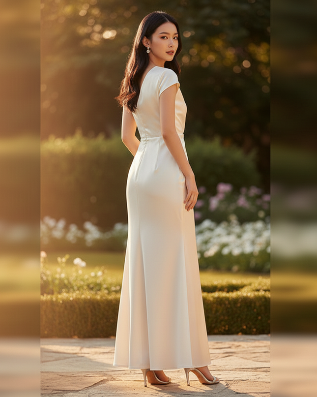 Satin Kleid Cream - Brautjungfernkleider Satin Braun Meerjungfrau V-Neck - Ansicht 2