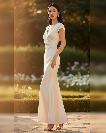 Satin Kleid Cream - Brautjungfernkleider Satin Braun Meerjungfrau V-Neck - Ansicht 3