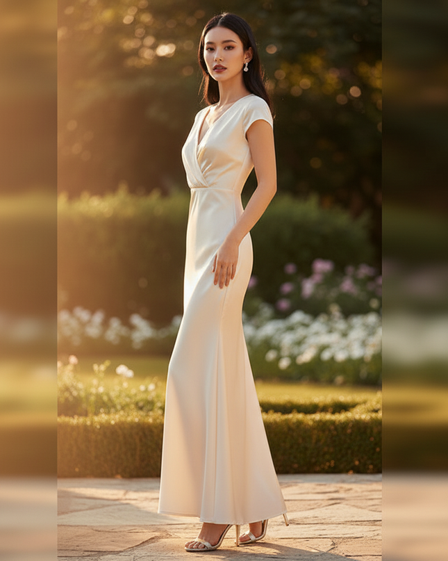 Satin Kleid Cream - Brautjungfernkleider Satin Braun Meerjungfrau V-Neck - Ansicht 3