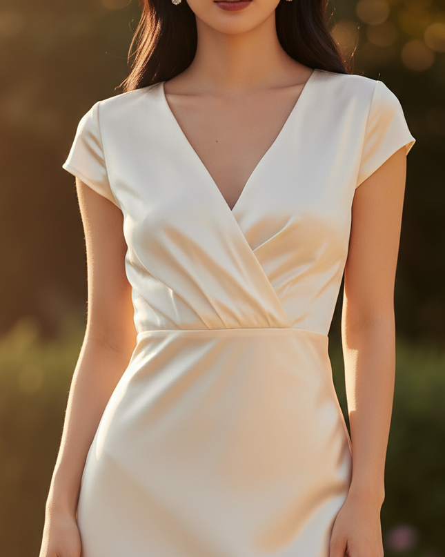Satin Kleid Cream - Brautjungfernkleider Satin Braun Meerjungfrau V-Neck - Ansicht 4