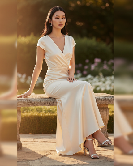 Satin Kleid Cream - Brautjungfernkleider Satin Braun Meerjungfrau V-Neck - Ansicht 5