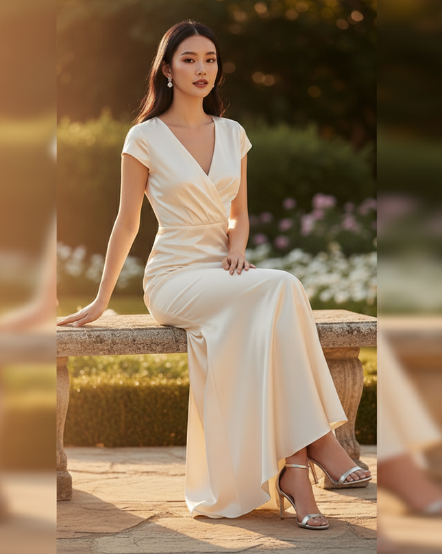 Satin Kleid Cream - Brautjungfernkleider Satin Braun Meerjungfrau V-Neck - Ansicht 5