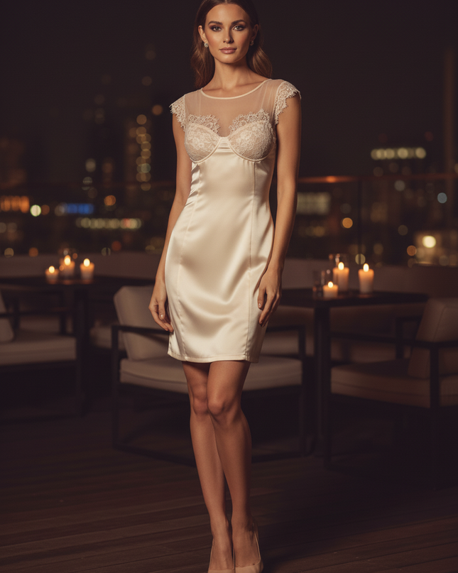 Satin Kleid Cream - Cocktailkleid Satin Braun - Spitze, Mini, rueckenfrei - Ansicht 3