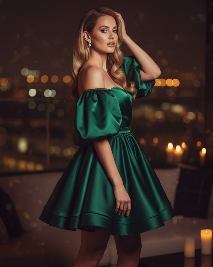 Satin Kleid Green - Cocktailkleid Satin Gruen - Off-Shoulder, kurz - Ansicht 3