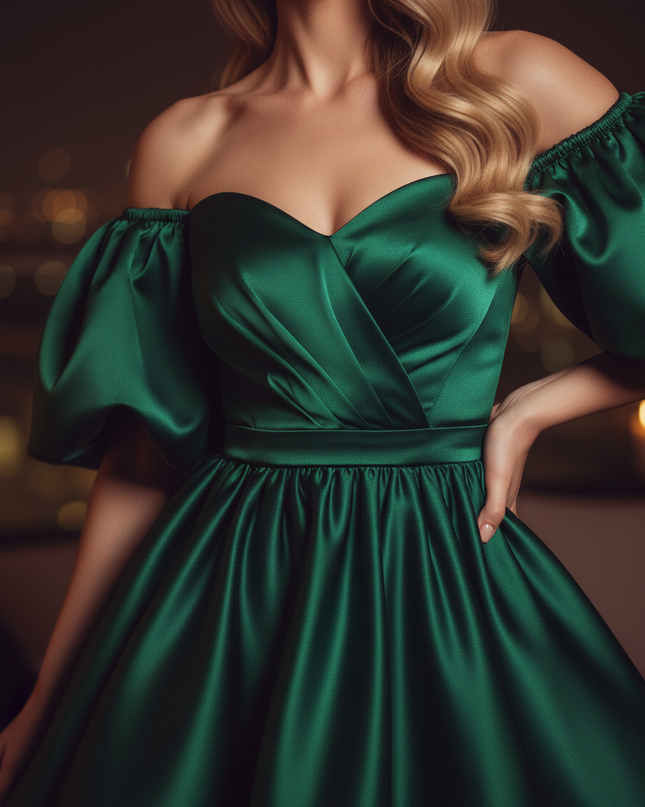 Satin Kleid Green - Cocktailkleid Satin Gruen - Off-Shoulder, kurz - Ansicht 4