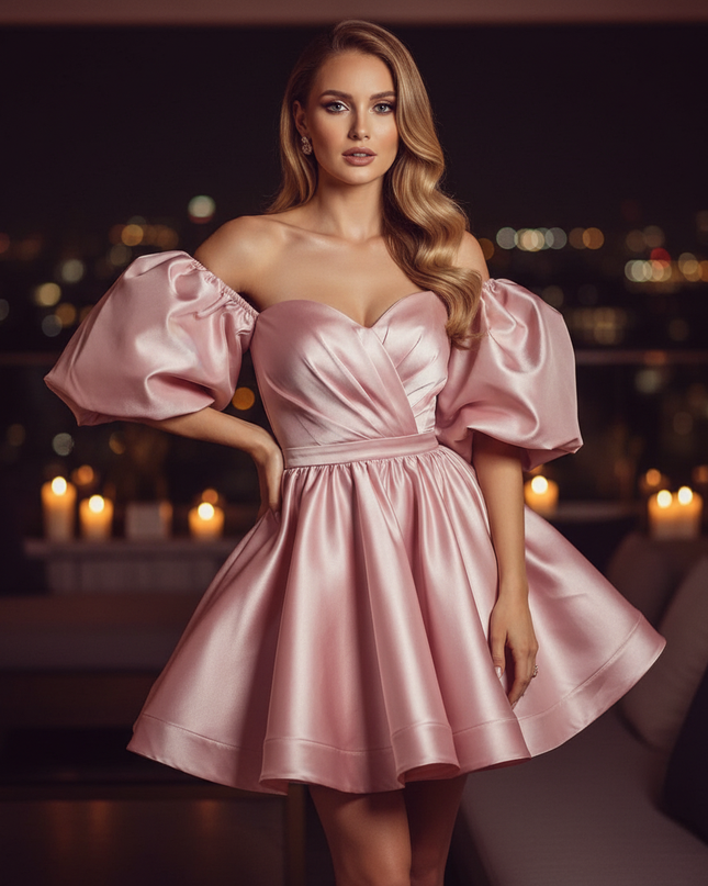 Satinkleid rosa - Rosa Satin Cocktailkleid Off-Shoulder - Ansicht 1