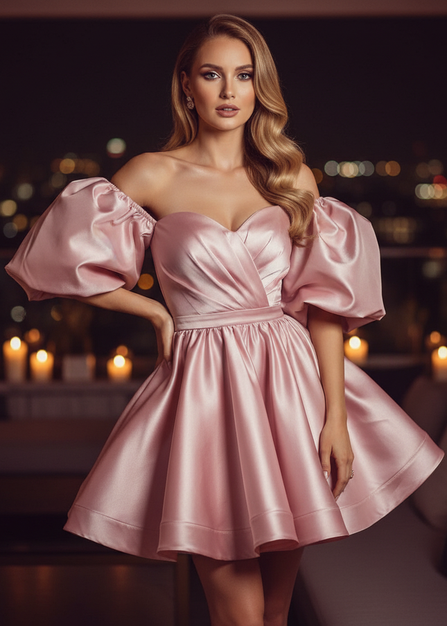 Satinkleid rosa - Rosa Satin Cocktailkleid Off-Shoulder - Ansicht 1