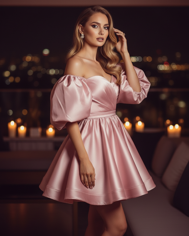 Satinkleid rosa - Rosa Satin Cocktailkleid Off-Shoulder - Ansicht 3