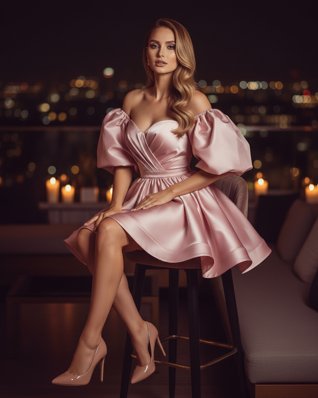 Satinkleid rosa - Rosa Satin Cocktailkleid Off-Shoulder - Ansicht 5
