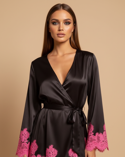Satin Kleid Black - Kurzes Satin Kleid Langarm mit Spitze - Schwarz - Ansicht 4