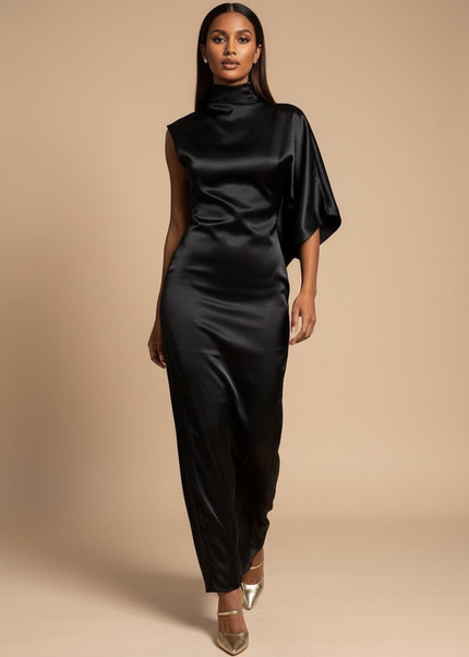 Satin Kleid Black - Kurzes Satin Kleid One-Shoulder Schwarz Volant - Ansicht 1