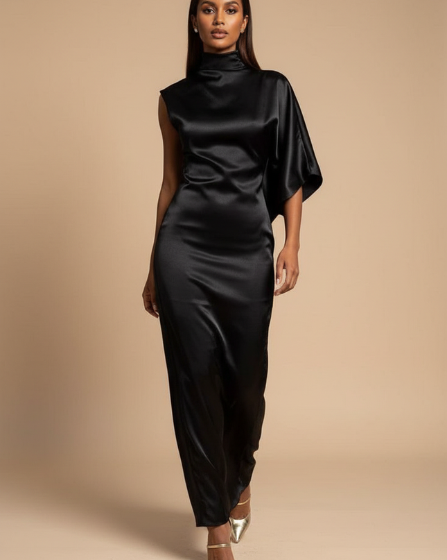 Satin Kleid Black - Kurzes Satin Kleid One-Shoulder Schwarz Volant - Ansicht 1