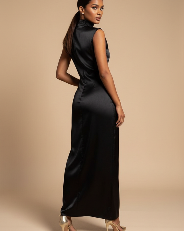 Satin Kleid Black - Kurzes Satin Kleid One-Shoulder Schwarz Volant - Ansicht 2