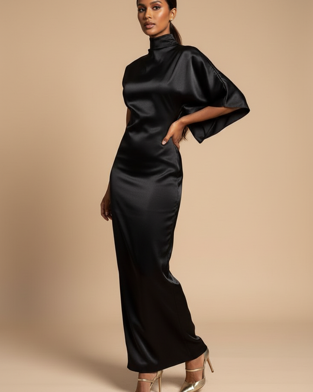 Satin Kleid Black - Kurzes Satin Kleid One-Shoulder Schwarz Volant - Ansicht 3