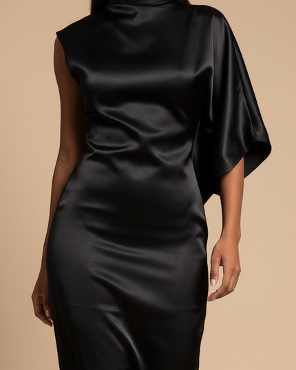 Satin Kleid Black - Kurzes Satin Kleid One-Shoulder Schwarz Volant - Ansicht 4