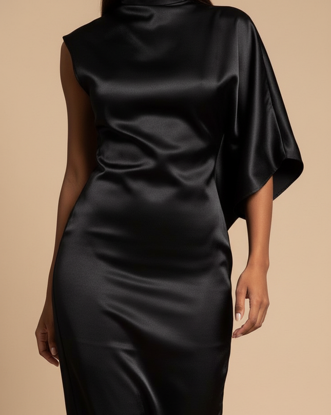 Satin Kleid Black - Kurzes Satin Kleid One-Shoulder Schwarz Volant - Ansicht 4