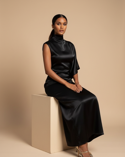 Satin Kleid Black - Kurzes Satin Kleid One-Shoulder Schwarz Volant - Ansicht 5