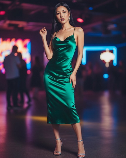 Satin Kleid Green - Partykleid Satin Bodycon | Neon Schnuerung Midi - Ansicht 1