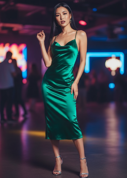 Satin Kleid Green - Partykleid Satin Bodycon | Neon Schnuerung Midi - Ansicht 1