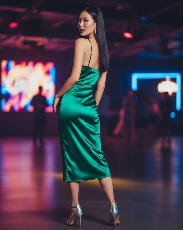 Satin Kleid Green - Partykleid Satin Bodycon | Neon Schnuerung Midi - Ansicht 2