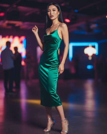 Satin Kleid Green - Partykleid Satin Bodycon | Neon Schnuerung Midi - Ansicht 3