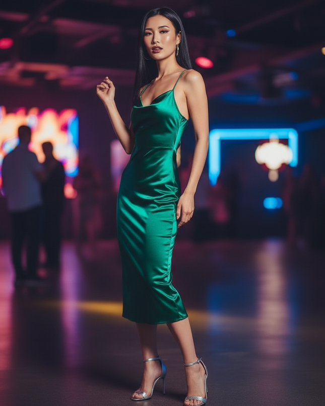 Satin Kleid Green - Partykleid Satin Bodycon | Neon Schnuerung Midi - Ansicht 3