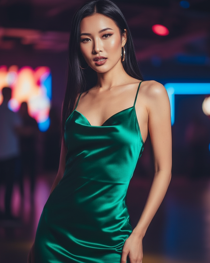 Satin Kleid Green - Partykleid Satin Bodycon | Neon Schnuerung Midi - Ansicht 4