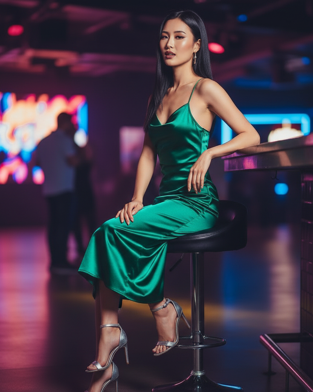 Satin Kleid Green - Partykleid Satin Bodycon | Neon Schnuerung Midi - Ansicht 5
