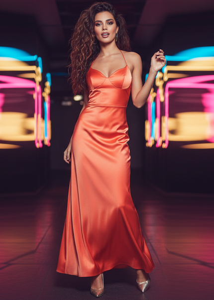 Satin Kleid Orange - Partykleid Satin Halter | Aprikot Huefttraeger Lang - Ansicht 1
