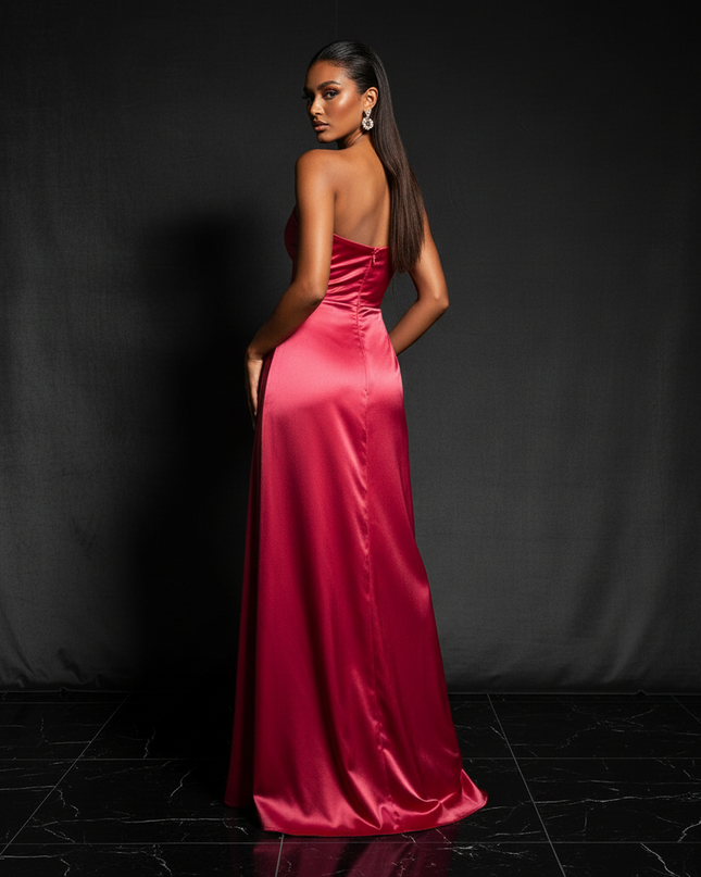 Satin Kleid - Satin Abendkleid A-Linie - One-Shoulder Rosa-Rot - Ansicht 2