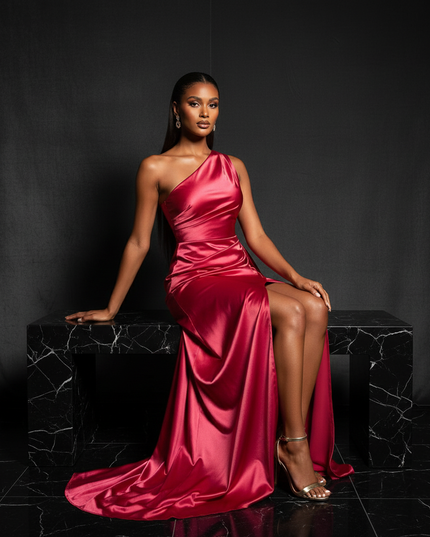 Satin Kleid - Satin Abendkleid A-Linie - One-Shoulder Rosa-Rot - Ansicht 5