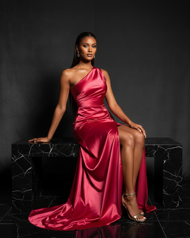 Satin Kleid - Satin Abendkleid A-Linie - One-Shoulder Rosa-Rot - Ansicht 5