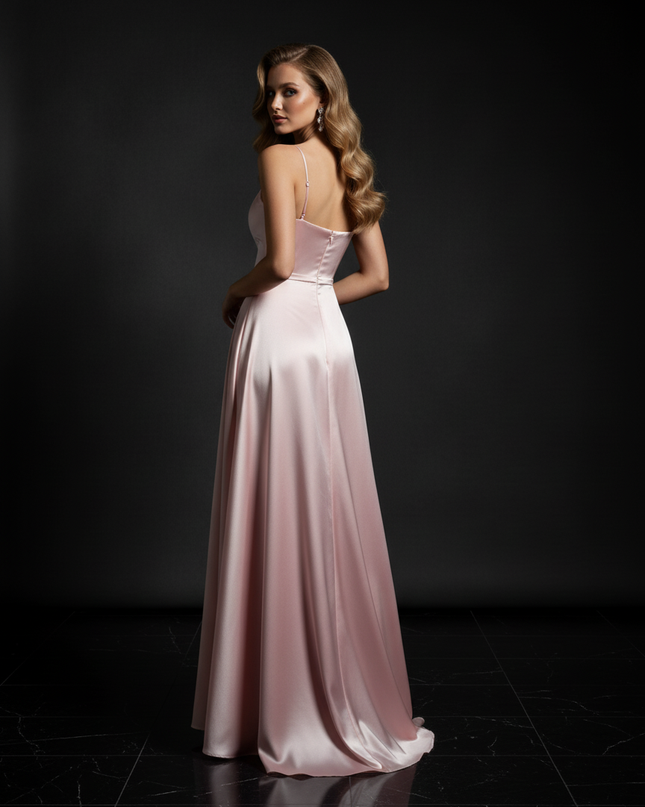 Satin Kleid - Satin Abendkleid Apricot - Cowl Neck lang - Ansicht 2
