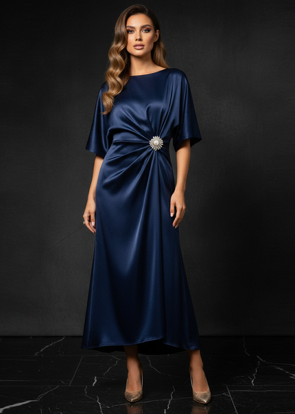 Satin Kleid - Satin Abendkleid Ball Blau - Dunkelblau A-Linie Lang - Ansicht 1