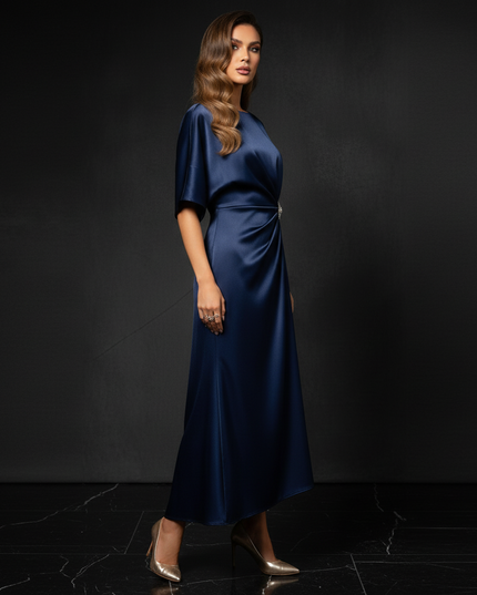 Satin Kleid - Satin Abendkleid Ball Blau - Dunkelblau A-Linie Lang - Ansicht 3