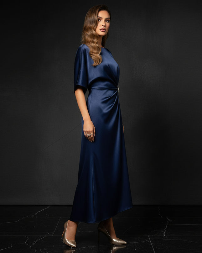Satin Kleid - Satin Abendkleid Ball Blau - Dunkelblau A-Linie Lang - Ansicht 3
