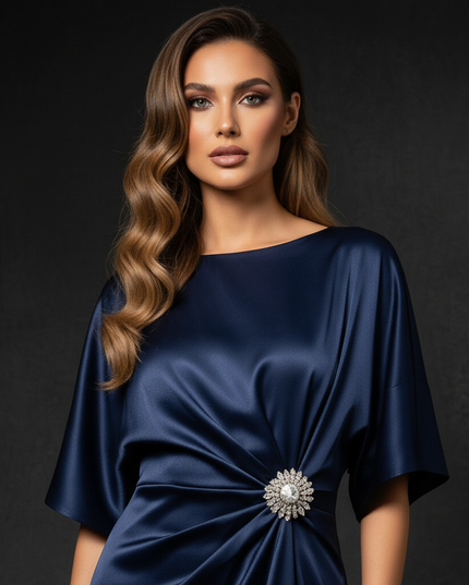 Satin Kleid - Satin Abendkleid Ball Blau - Dunkelblau A-Linie Lang - Ansicht 4