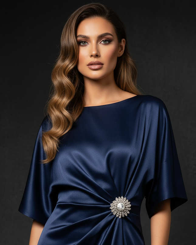 Satin Kleid - Satin Abendkleid Ball Blau - Dunkelblau A-Linie Lang - Ansicht 4