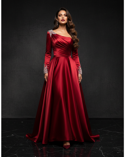 Satin Kleid Red - Satin Abendkleid Ball Bordeaux - Off-Shoulder Kristalle - Ansicht 1