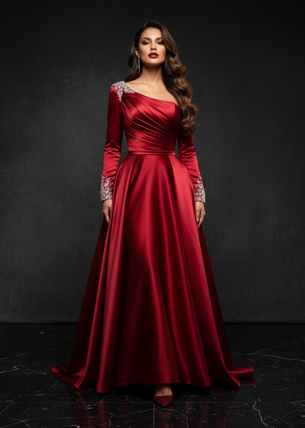 Satin Kleid Red - Satin Abendkleid Ball Bordeaux - Off-Shoulder Kristalle - Ansicht 1