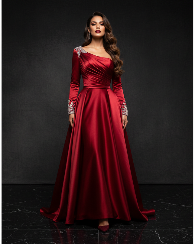 Satin Kleid Red - Satin Abendkleid Ball Bordeaux - Off-Shoulder Kristalle - Ansicht 1