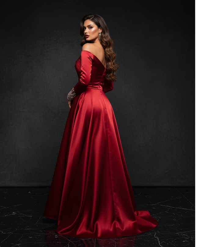 Satin Kleid Red - Satin Abendkleid Ball Bordeaux - Off-Shoulder Kristalle - Ansicht 2