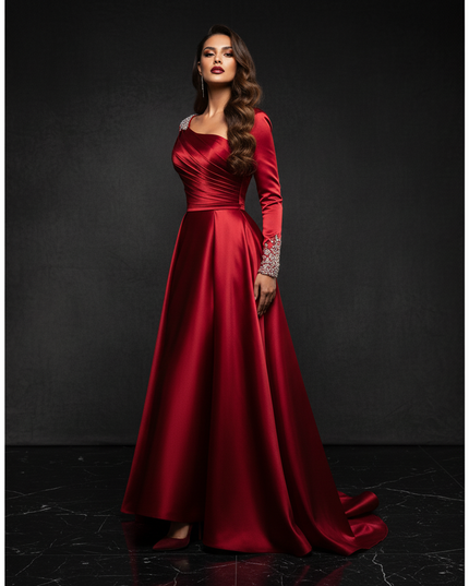Satin Kleid Red - Satin Abendkleid Ball Bordeaux - Off-Shoulder Kristalle - Ansicht 3