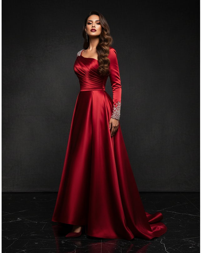 Satin Kleid Red - Satin Abendkleid Ball Bordeaux - Off-Shoulder Kristalle - Ansicht 3
